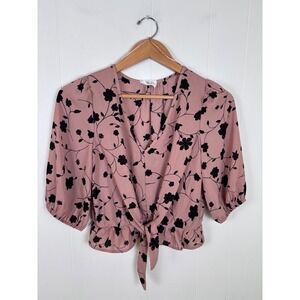Sienna Sky Floral Blouse Tie Front‎ V-Neck Cropped Top Small Blush Pink